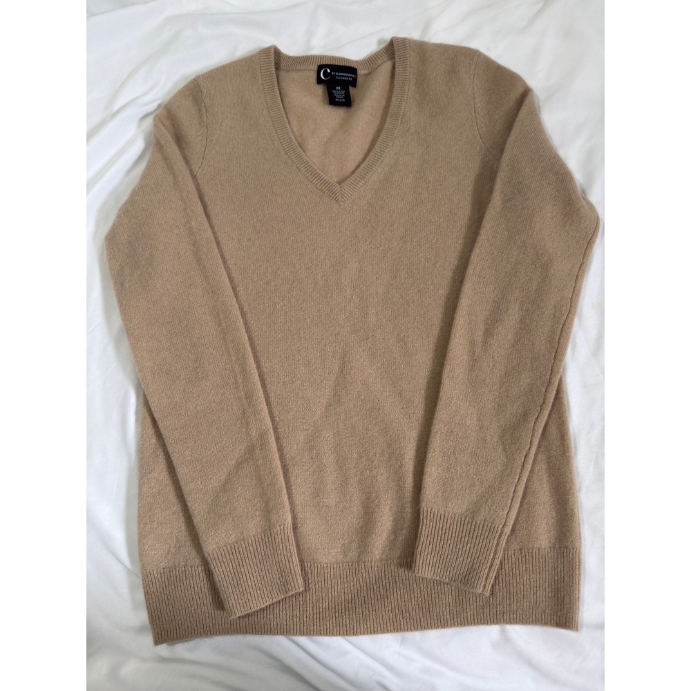 C by‎ Bloomingdale's V-Neck 2-Ply Cashmere Sweater XS Tan